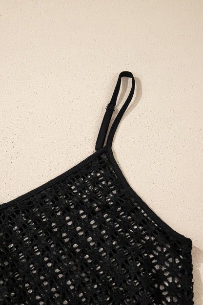 Black Sheer Knit Ruffle Hem Crochet Beach Cover Up