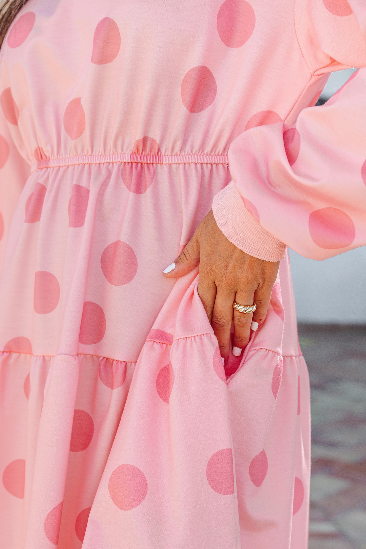 Pink Polka Dot Long Sleeve Tiered Mini Dress
