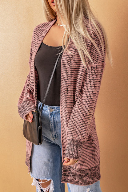 Black Plaid Knitted Long Open Front Cardigan