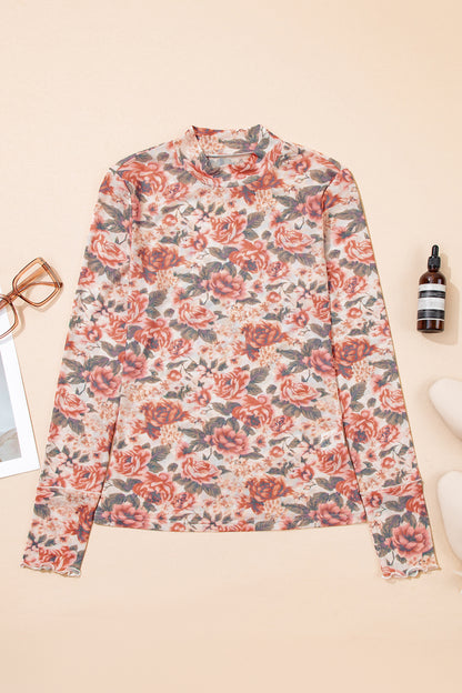 Vintage Floral Mesh Long Sleeve Mock Neck Slim Fit Top