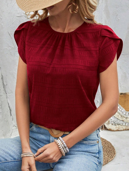 Summer Pleated Puff Sleeve Blouse with Round Neck