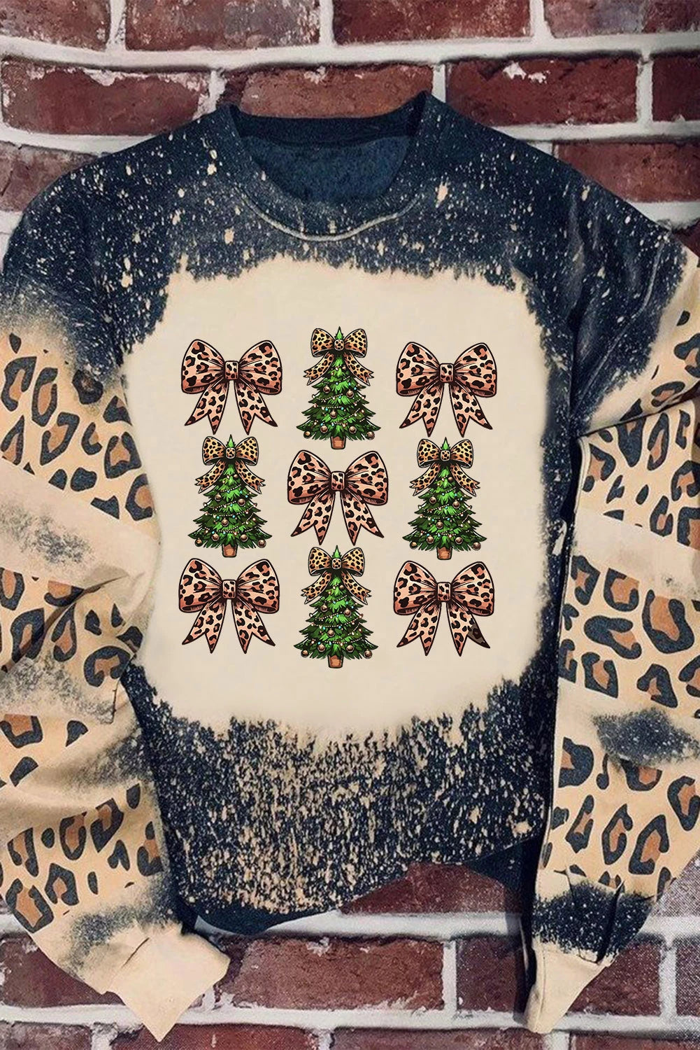 Black Leopard Bow Christmas Tree Printed Tie Dye Bleached Baggy Sweatshirt