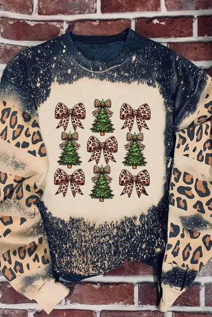 Black Leopard Bow Christmas Tree Printed Tie Dye Bleached Baggy Sweatshirt
