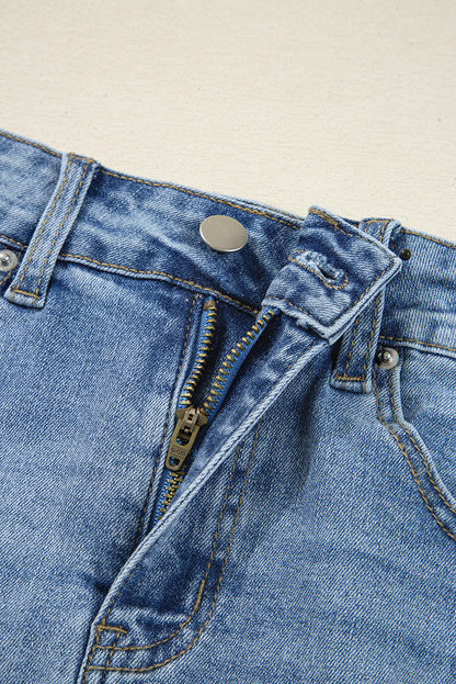 Distressed High Waist Asymmetrical Denim Midi Skirt