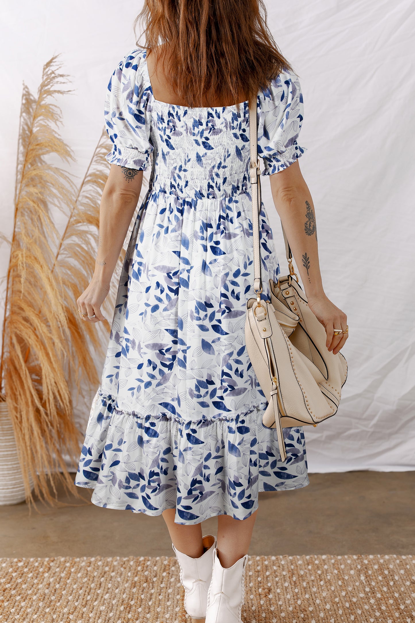 Sky Blue Floral Smocked Bodice Puff Sleeve Midi Dress