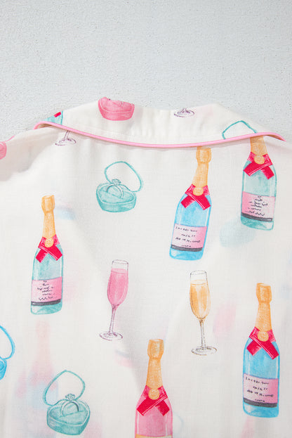 Valentine’s Day White Plus Size Wine Print Bow Pajama Set
