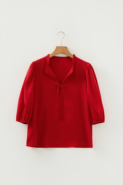 Dark Green Ruffle V Neck Bow Tie 3/4 Sleeve Blouse