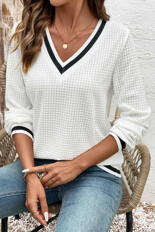 White Waffle Knit V Neck Long Sleeve Top with Striped Trim