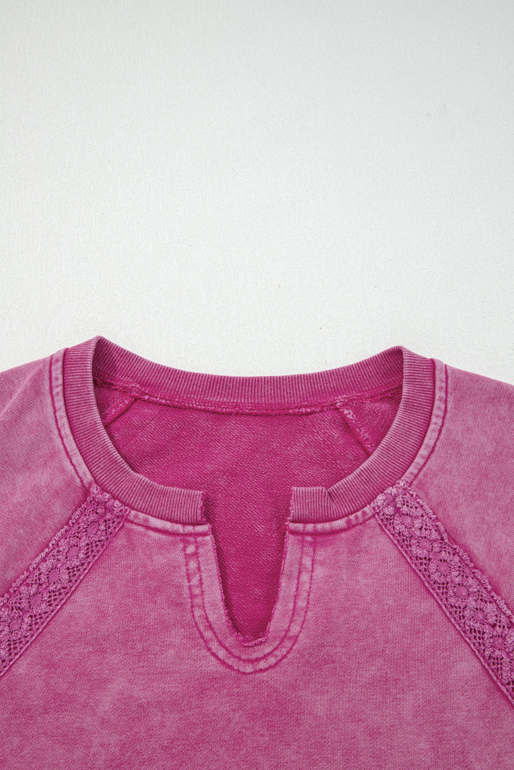 Lace Patchwork Notched Neck Mineral Wash Sweatshirt