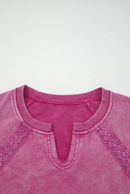 Lace Patchwork Notched Neck Mineral Wash Sweatshirt