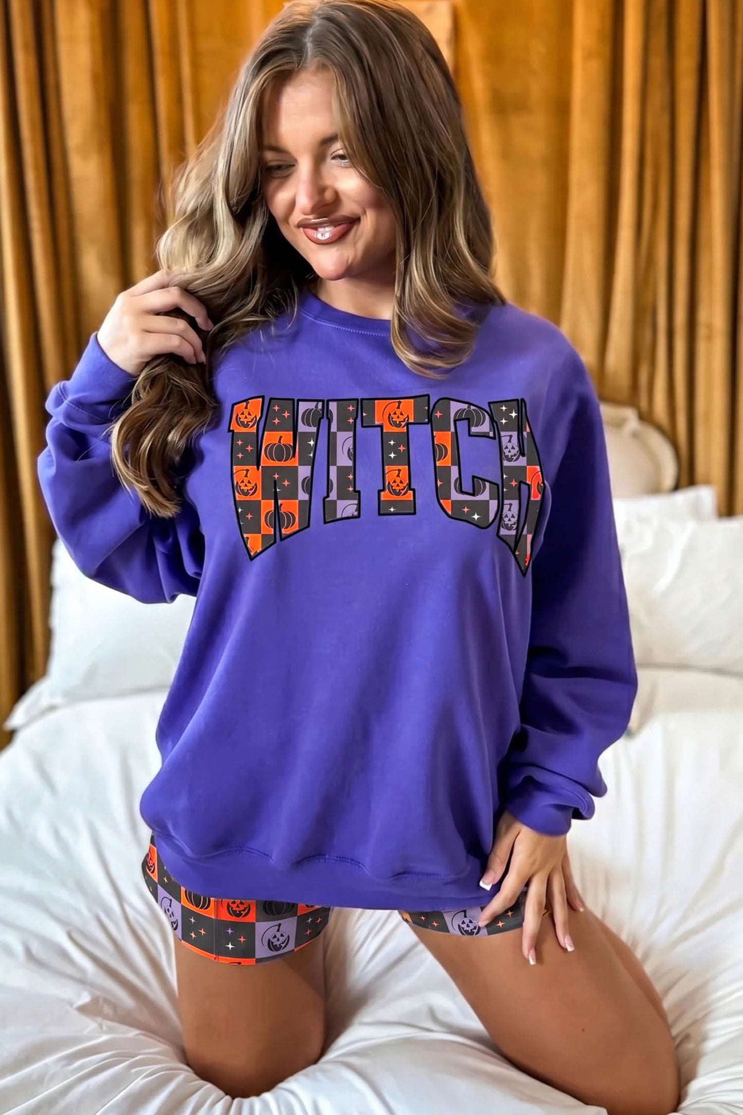 Halloween Witch Graphic Checkerboard Shorts Set