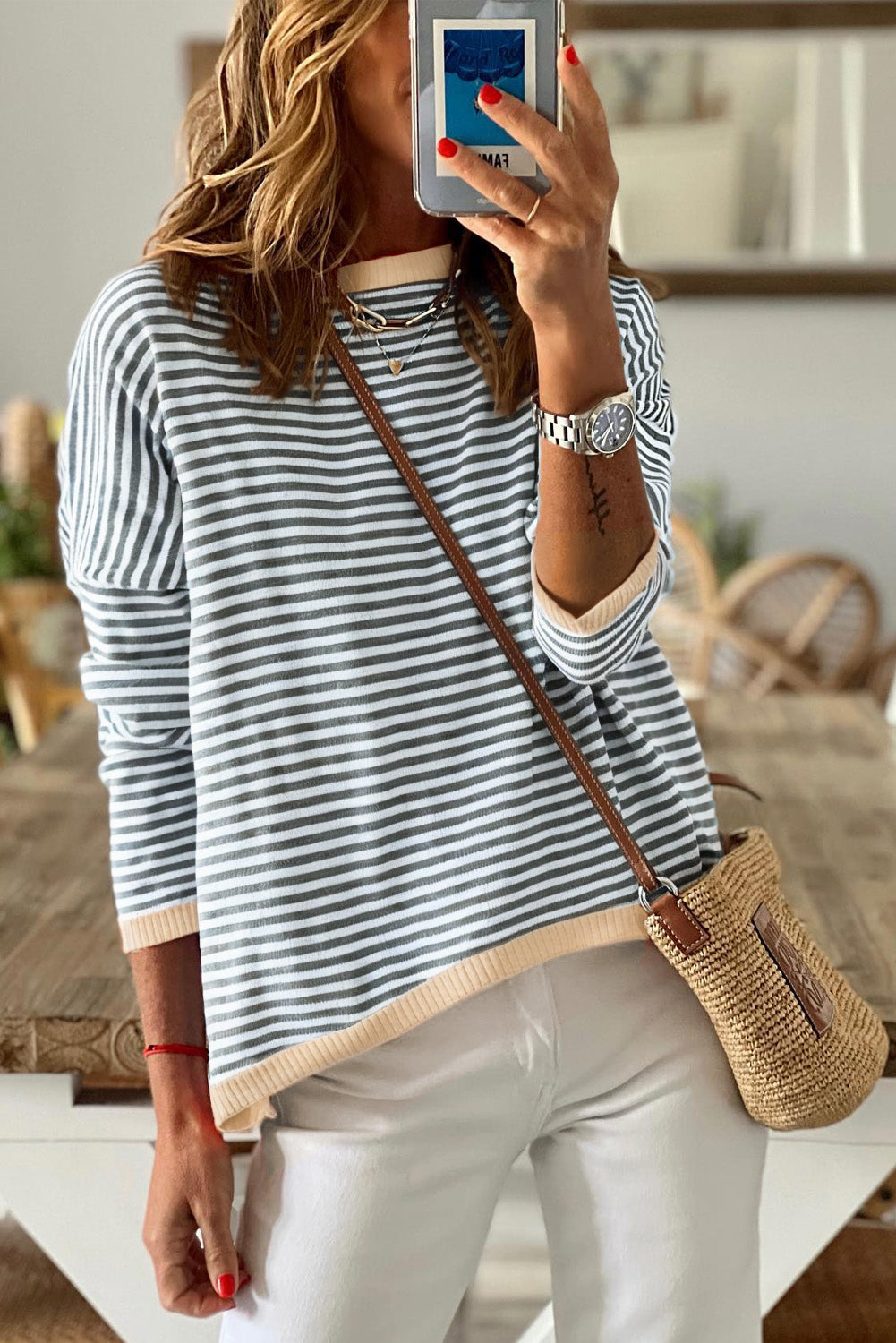 Contrast Trimmed Striped Drop Shoulder Sweater