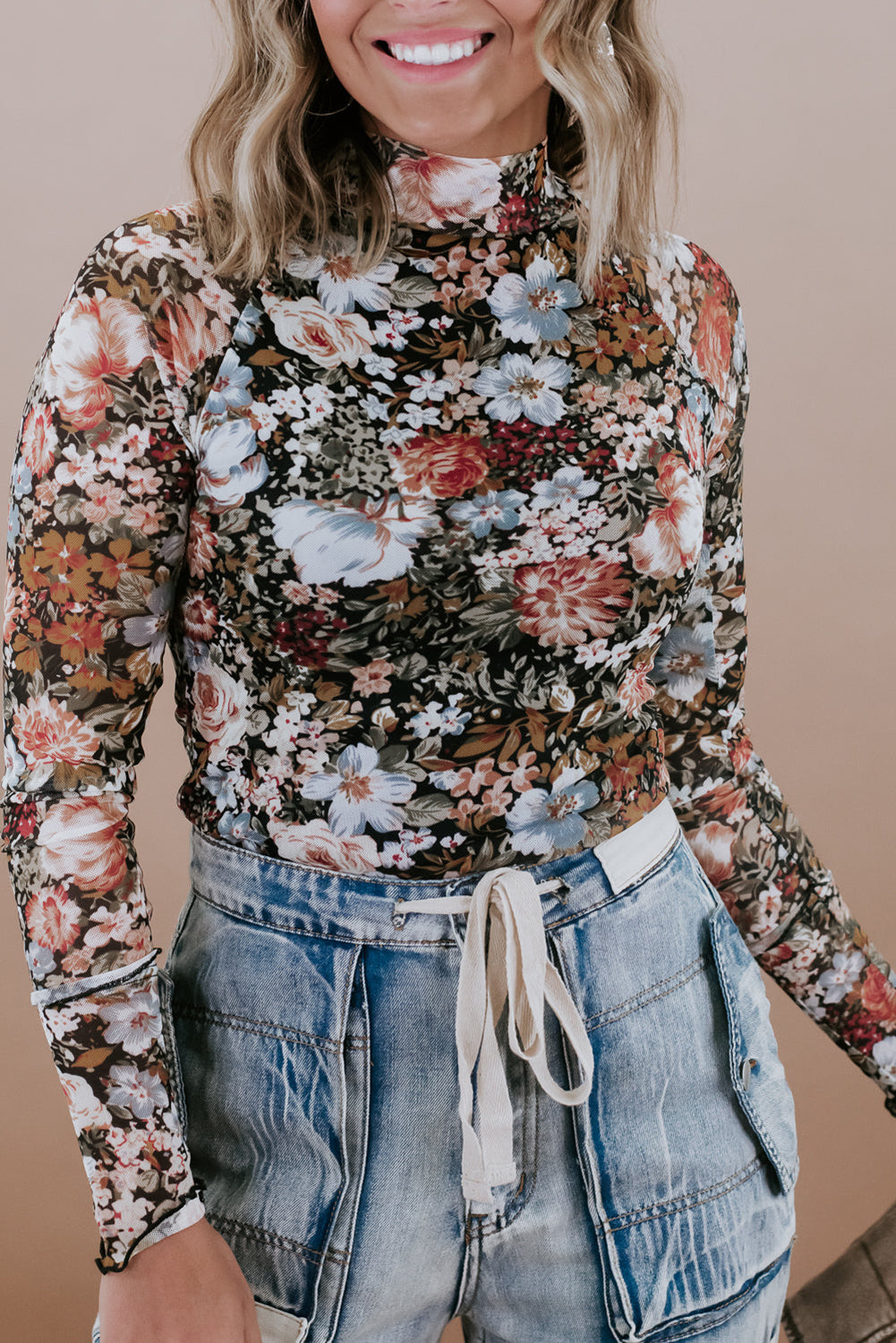 Brown Floral Mesh Mock Neck Long Sleeve Top