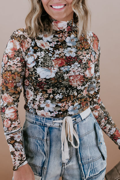 Brown Floral Mesh Mock Neck Long Sleeve Top