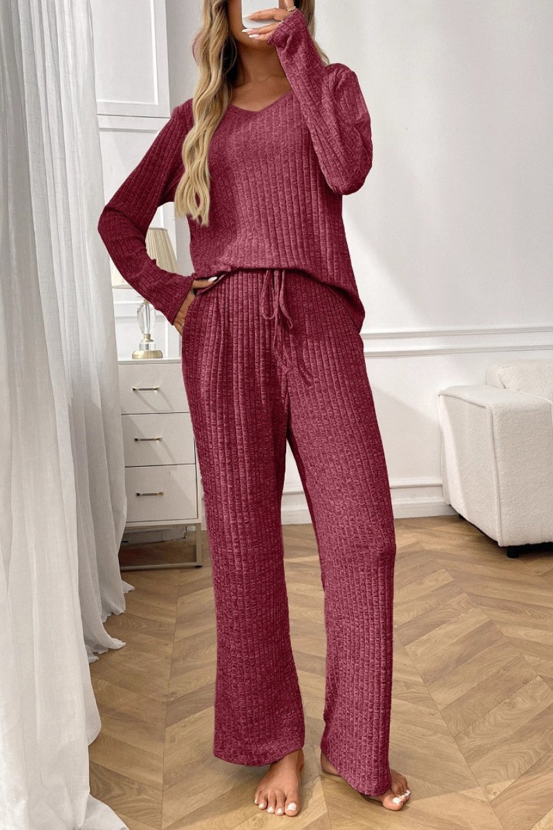 Cozy Ribbed V Neck Lounge Set with Wide Leg Pants
