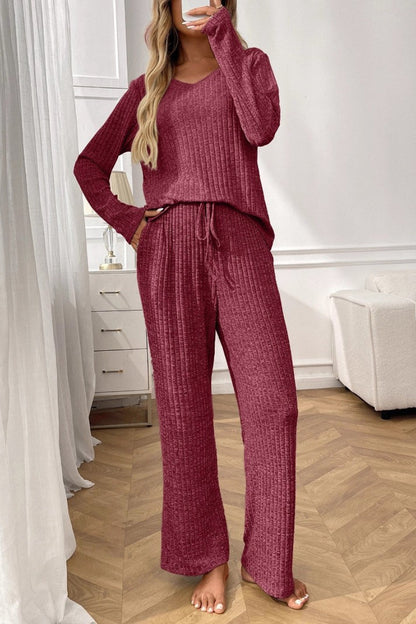 Cozy Ribbed V Neck Lounge Set with Wide Leg Pants