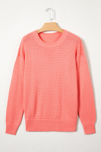 Coral Paradise Drop Shoulder Ribbed Knit Long Sleeve Sweater