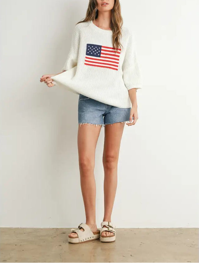 American Flag Knit Sweater 3 4 Sleeve Crewneck Top