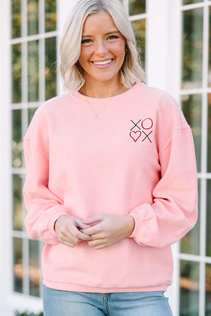 Pink XOXO Heart Embroidered Ribbed Knit Valentines Sweatshirt