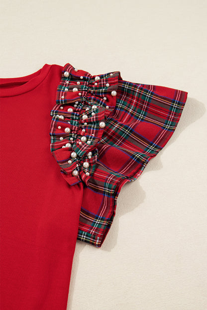 Plus Size Red Plaid Ruffle Sleeve Christmas Holiday Top