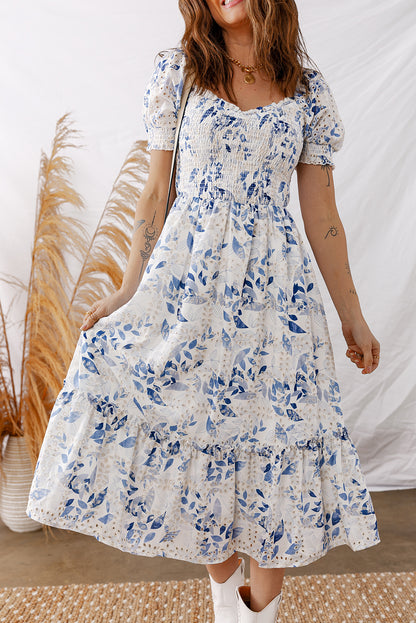Sky Blue Floral Smocked Bodice Puff Sleeve Midi Dress