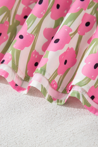 Pink Floral Square Neck Ruffle Sleeve Maxi Dress