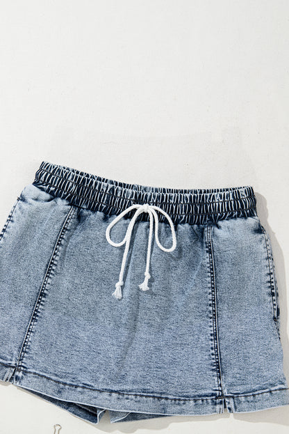 Dusk Blue Denim Skort Elastic Waist Drawstring Shorts