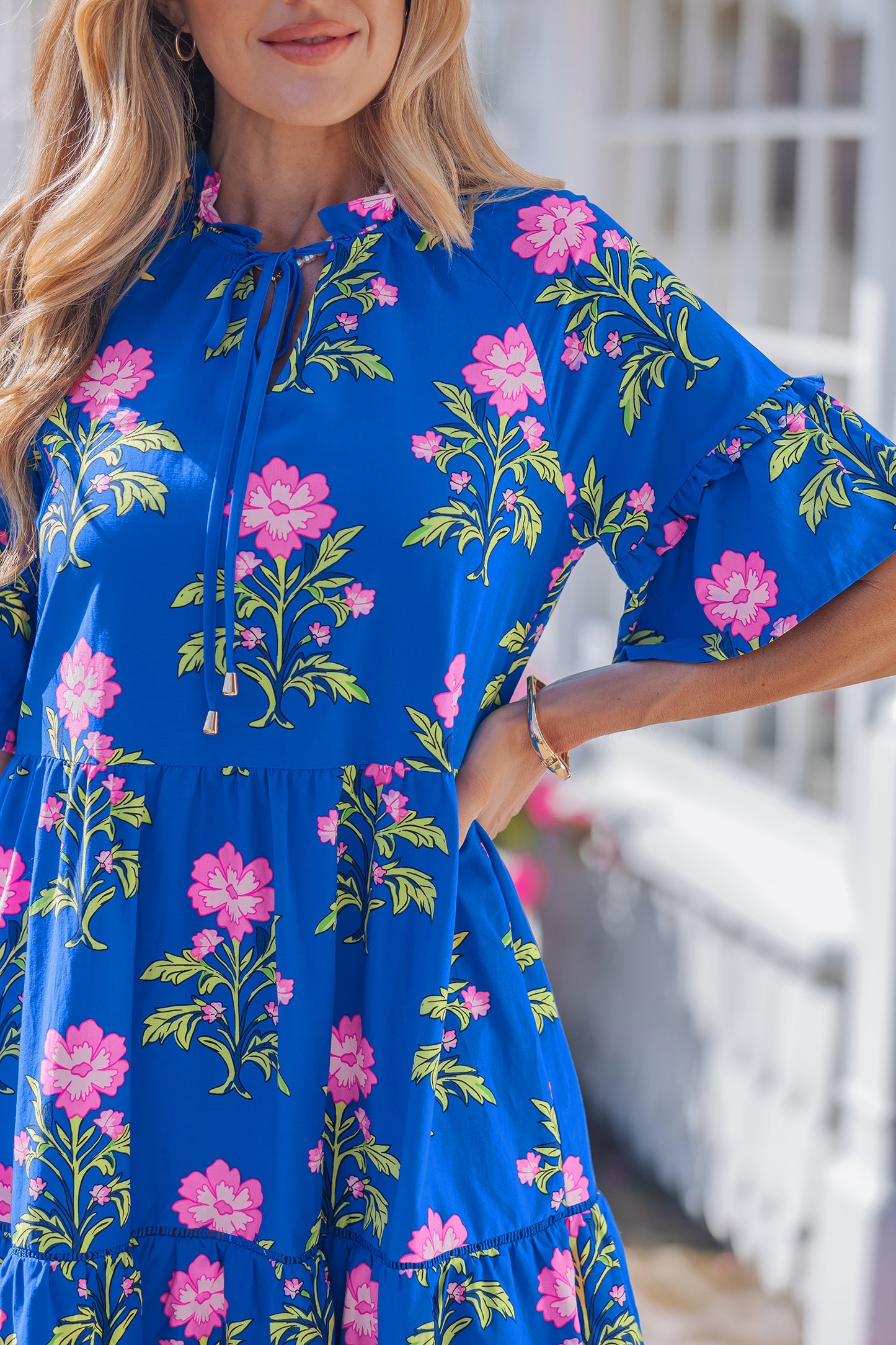 Floral Print V Neck Short Sleeve Tiered Mini Dress