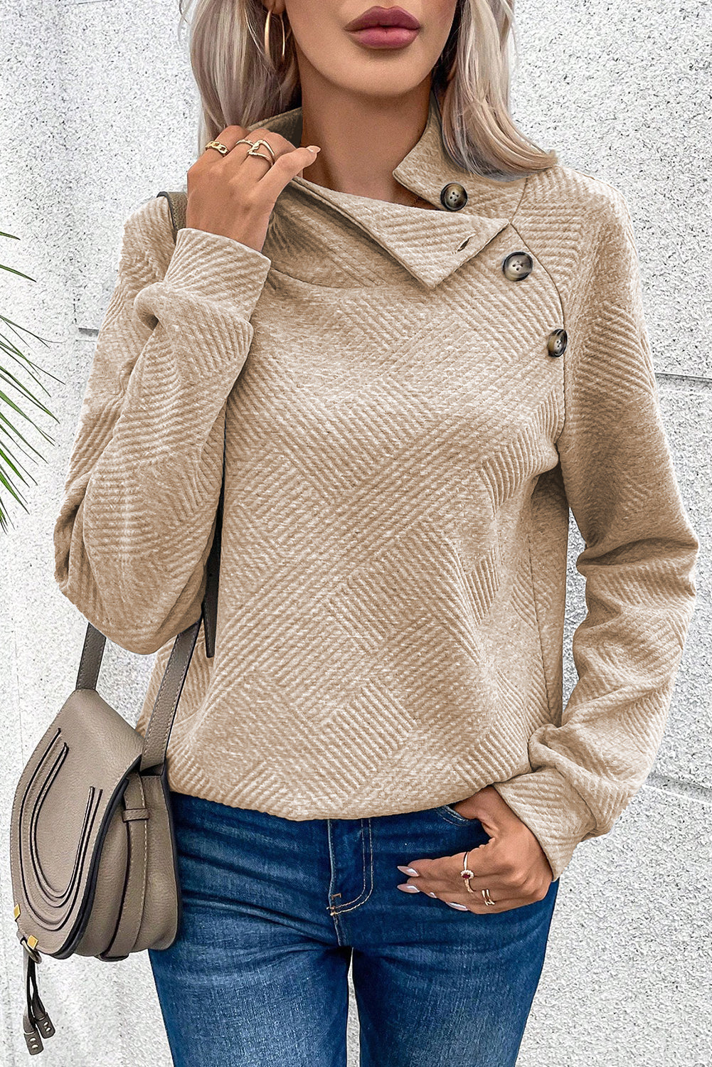 Black Asymmetric Buttons Detail High Neck Textured Sweatshirt