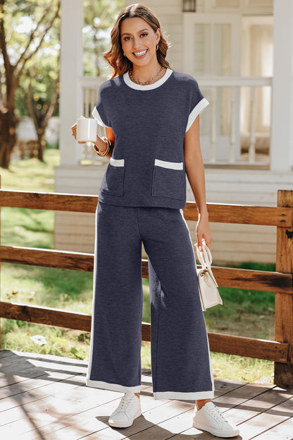 Navy Colorblock Pocket Tee Wide Leg Pants Two Piece Set