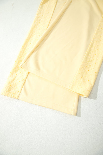 Yellow Cream Eyelet Embroidered Lace Patchwork Cropped Pullover Drawstring Pants Set