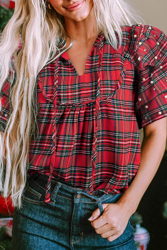 Red Christmas Plaid Pearl Ruffle Short Sleeve Holiday Blouse