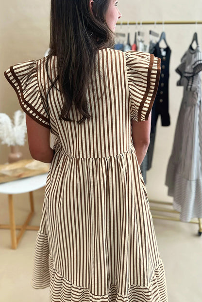Black Stripe Ruffle Sleeve Contrast Trim V Neck Midi Dress
