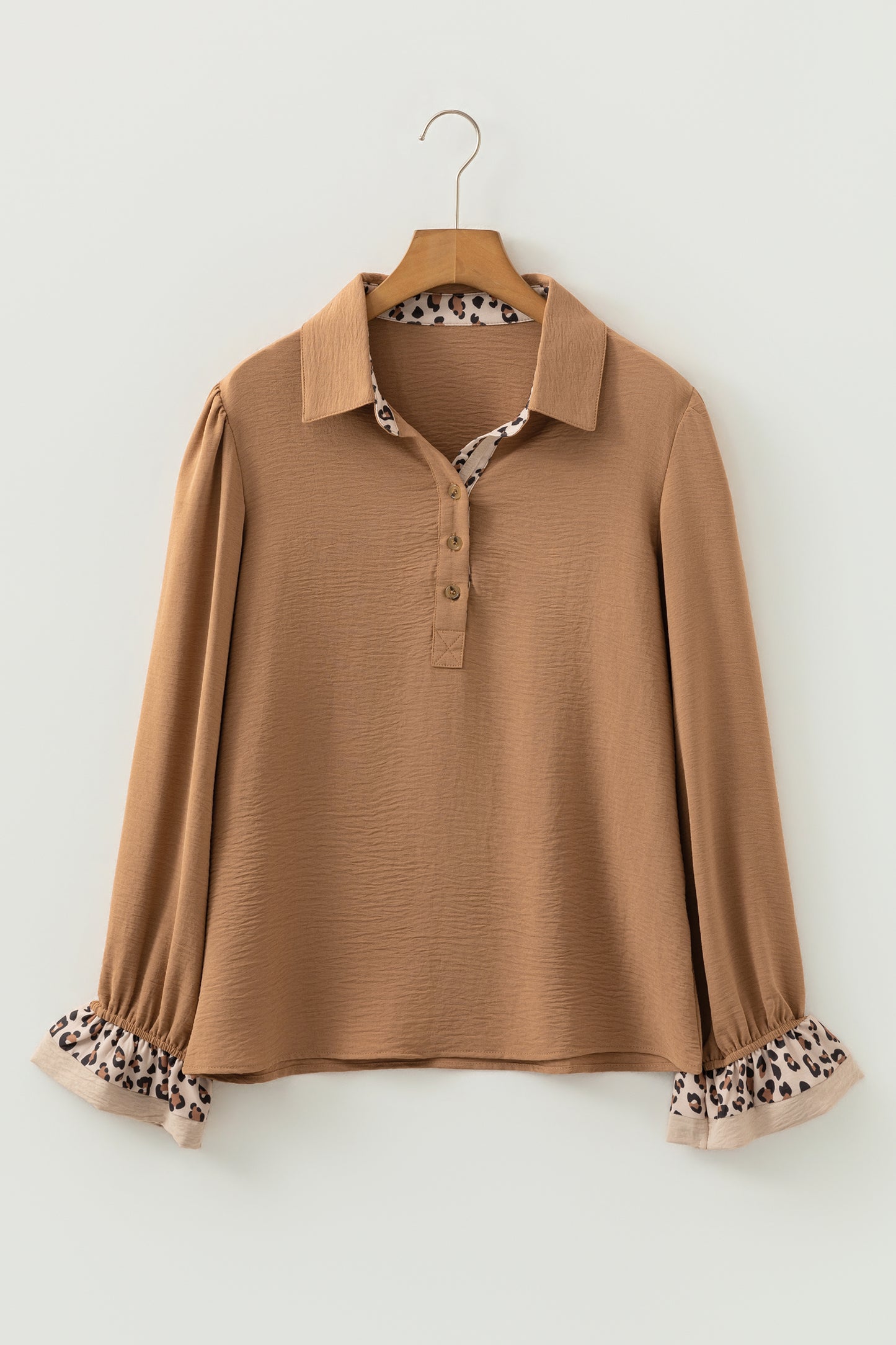 Leopard Contrast Ruffle Sleeve Button Blouse
