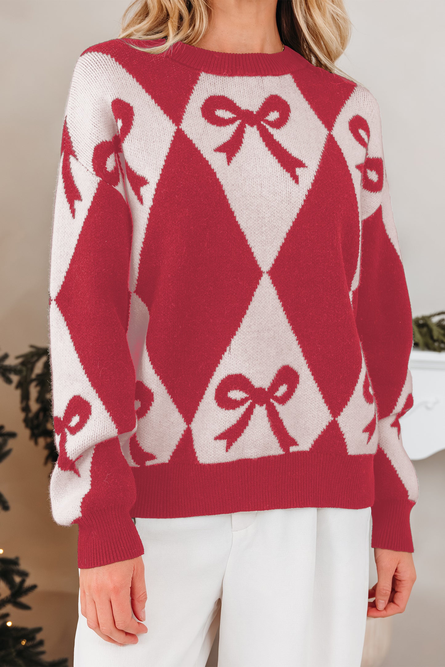 Valentine Black Bow Argyle Oversized Knit Sweater