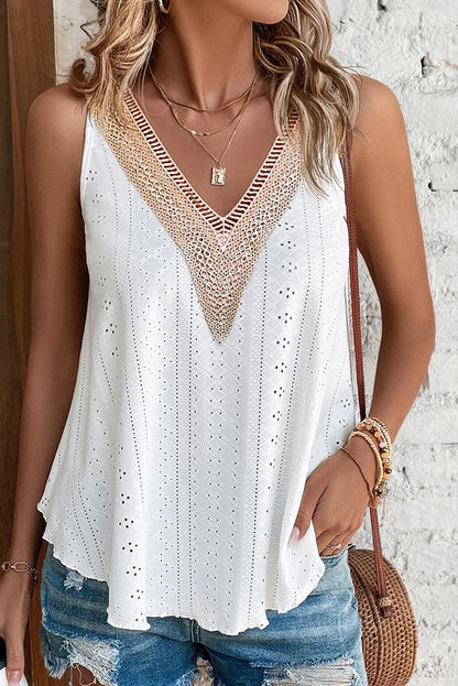 White Lace Crochet V Neck Tank Top Boho Eyelet Blouse