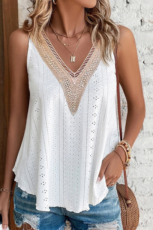 White Lace Crochet V Neck Tank Top Boho Eyelet Blouse
