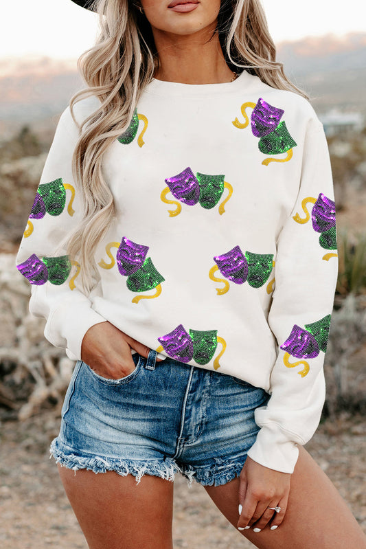 White Sequined Mardi Gras Mask Drop Shoulder Sweatshirt
