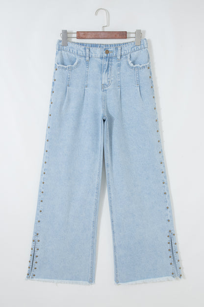 Beau Blue Studded Side Slit Wide Leg Jeans Frayed Pockets