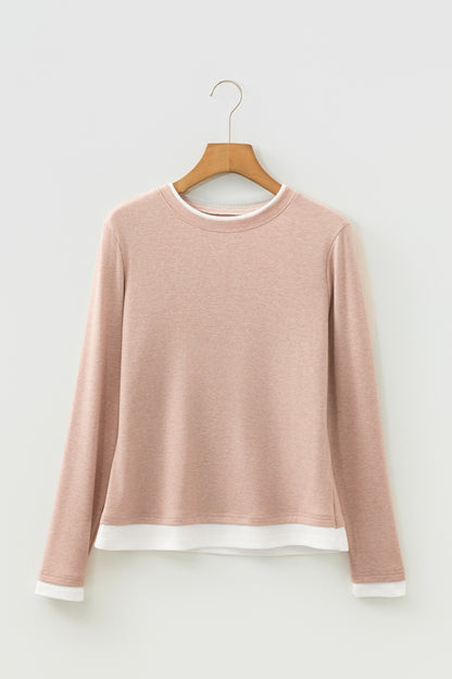 Smoke Gray Color Block False Two Piece Long Sleeve Top