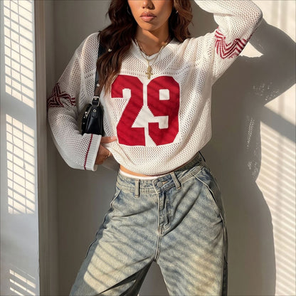 Women's Oversized Graphic V Neck Knit Sweater Streetwear