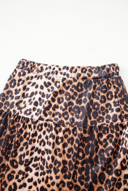 Leopard Print Tiered Mini Skirt Elastic Waist Casual