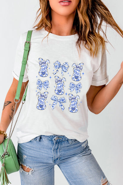Easter Blue Floral Bunny Bow Graphic Spring Casual Tee