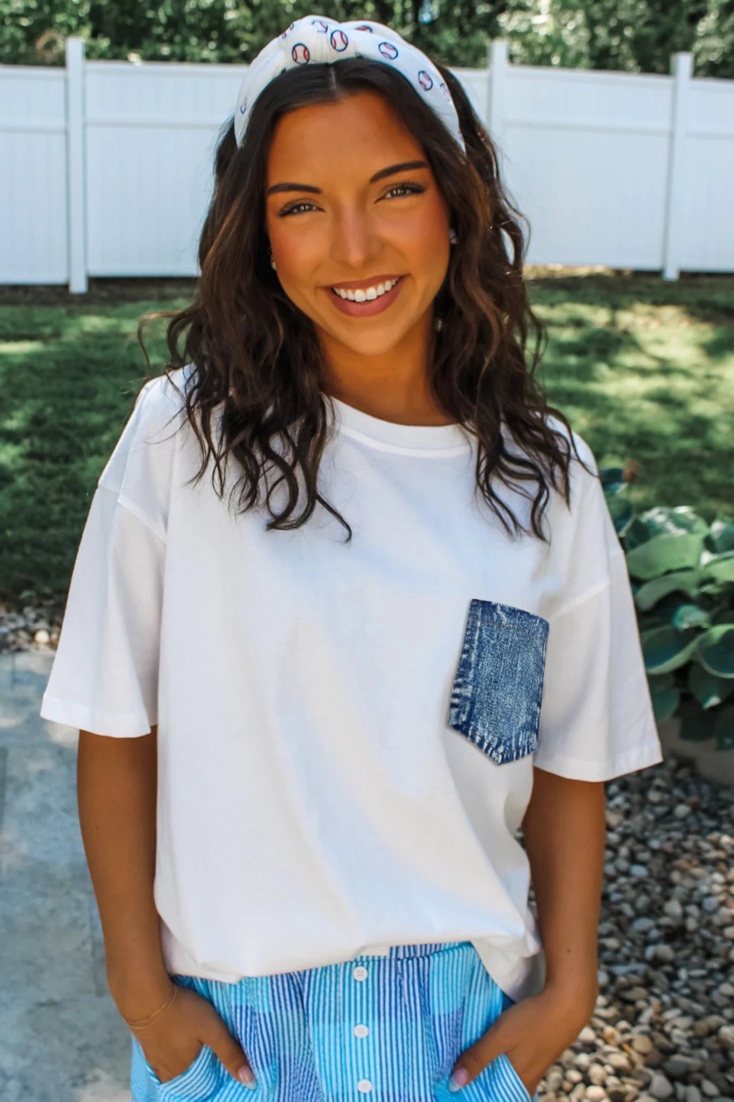 Pocket Tee Women Contrast Denim Pocket Casual T Shirt