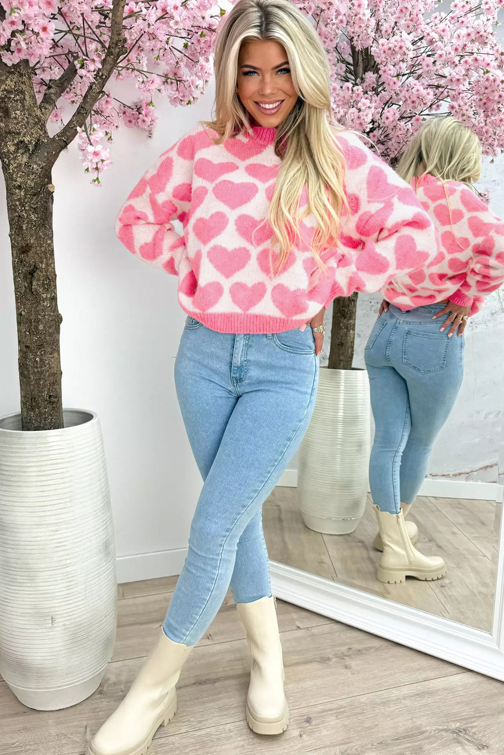 Pink Valentine Heart Print Cozy Knit Sweater for Women