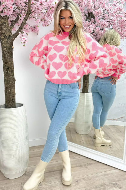 Pink Valentine Heart Print Cozy Knit Sweater for Women