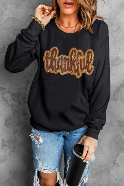 Black Thankful Glitter Graphic Drop Shoulder Sweatshirt
