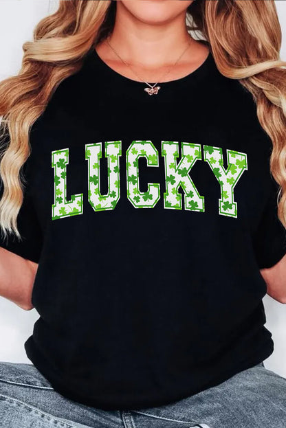 Black LUCKY Shamrock Print Graphic St Patrick’s Day Tee