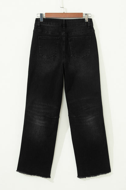 High Waisted Cropped Straight Leg Jeans Raw Hem Denim