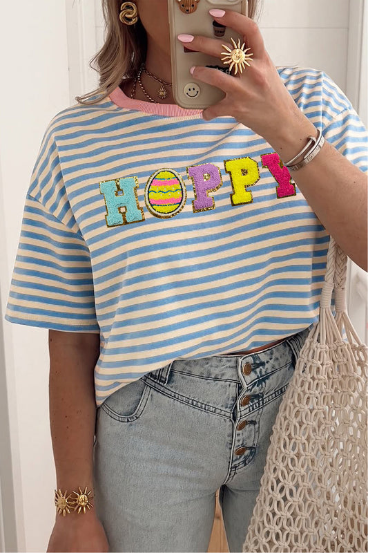 Blue Stripe Hoppy Easter Chenille Patch Graphic Tee